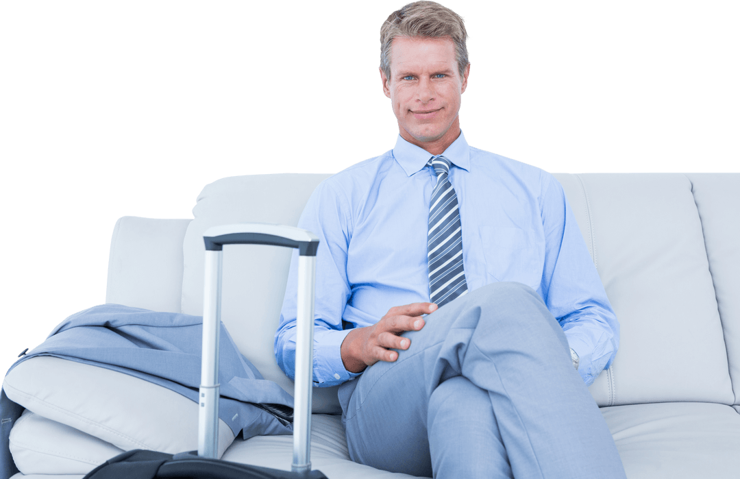 Transparent Businessman Relaxing on Workplace Sofa with Laptop
