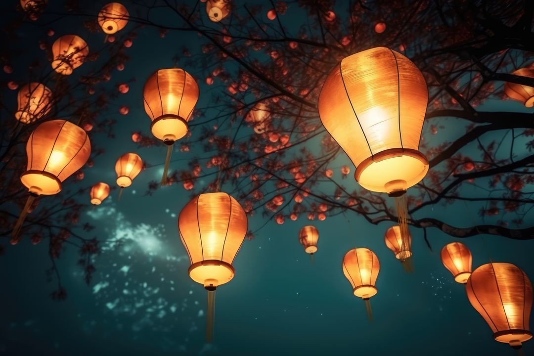 Magical glowing lanterns under night sky during festival - Free Images, Stock Photos and Pictures on Pikwizard.com