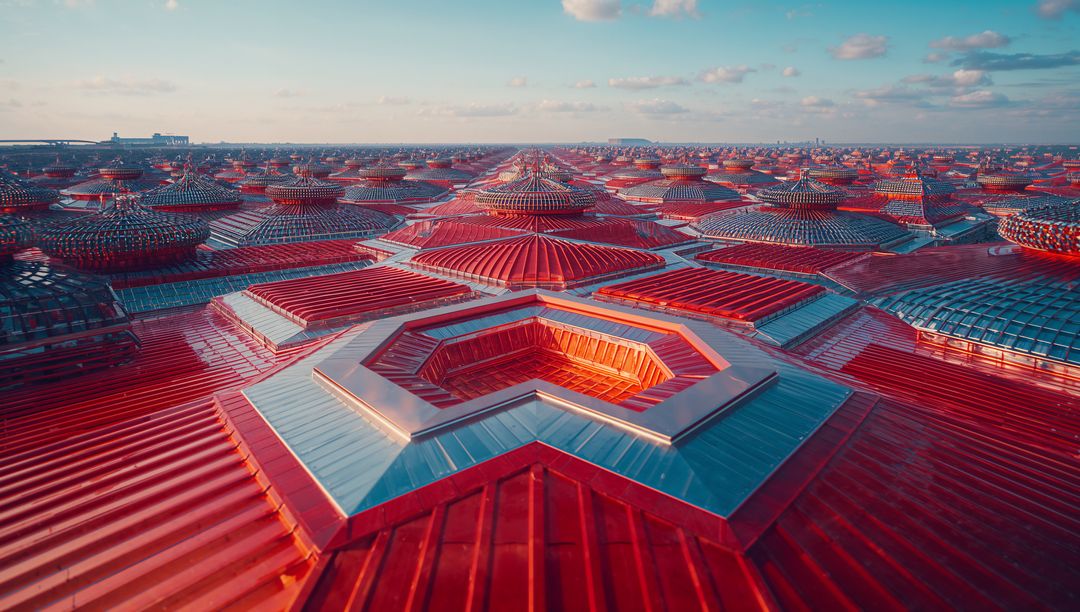 Vibrant Red Hexagonal Rooftop Geometry in Sunlit Urban Landscape