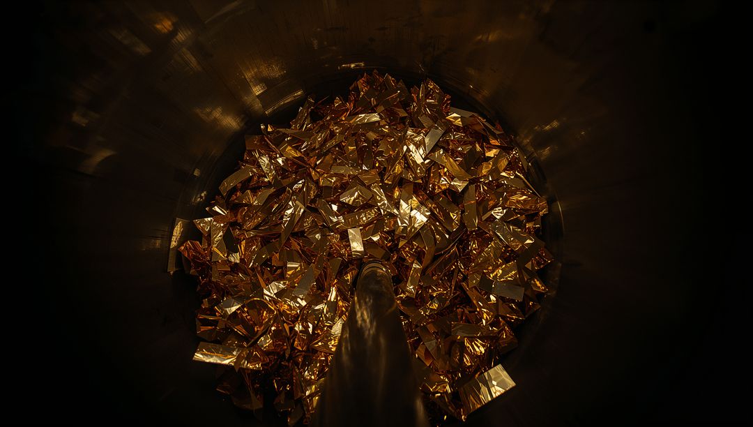 Crumpled Metallic Gold Foil Pile under Central Spout Reflective Industrial Drum Texture