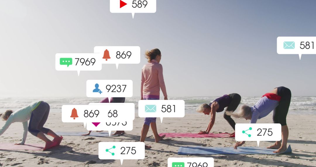 Women Practicing Yoga on Beach with Social Media Notifications Overlay