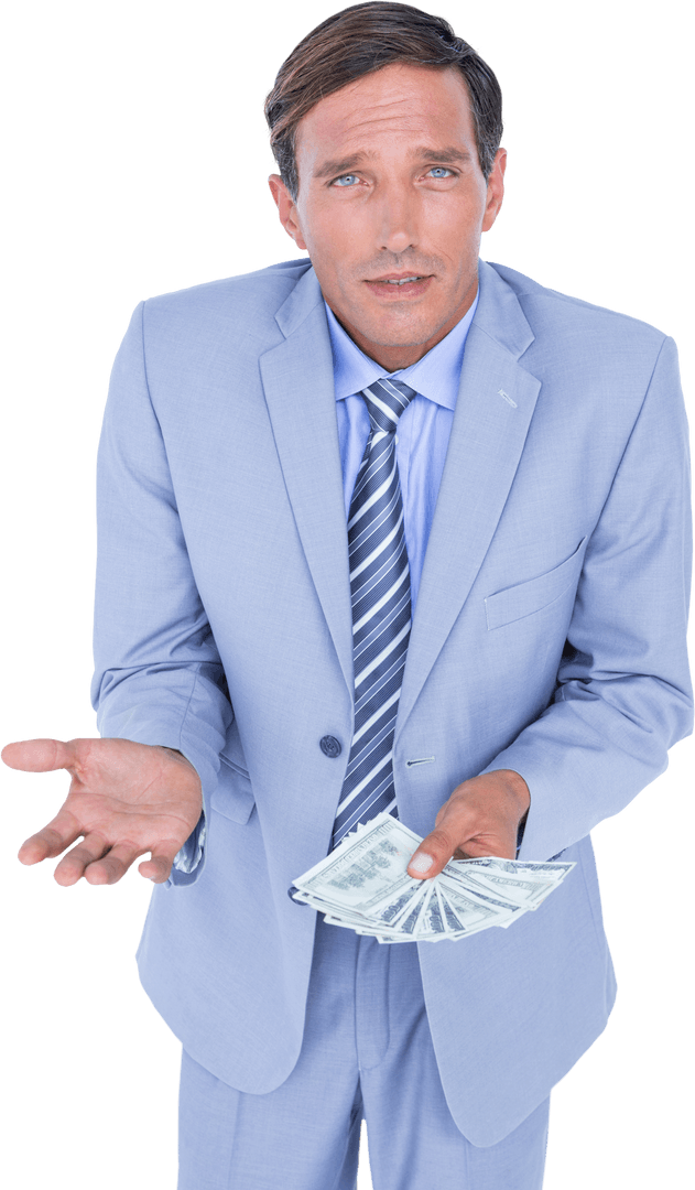Transparent Confused Businessman Holding Banknotes
