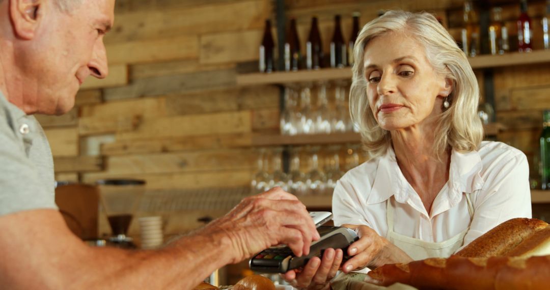 Senior Customer Making Contactless Payment in Bakery - Free Images, Stock Photos and Pictures on Pikwizard.com