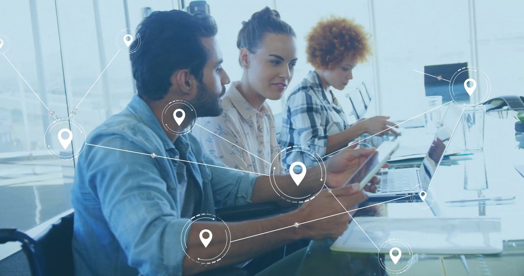 Collaborative Team Discussing Business with Data Network Overlay