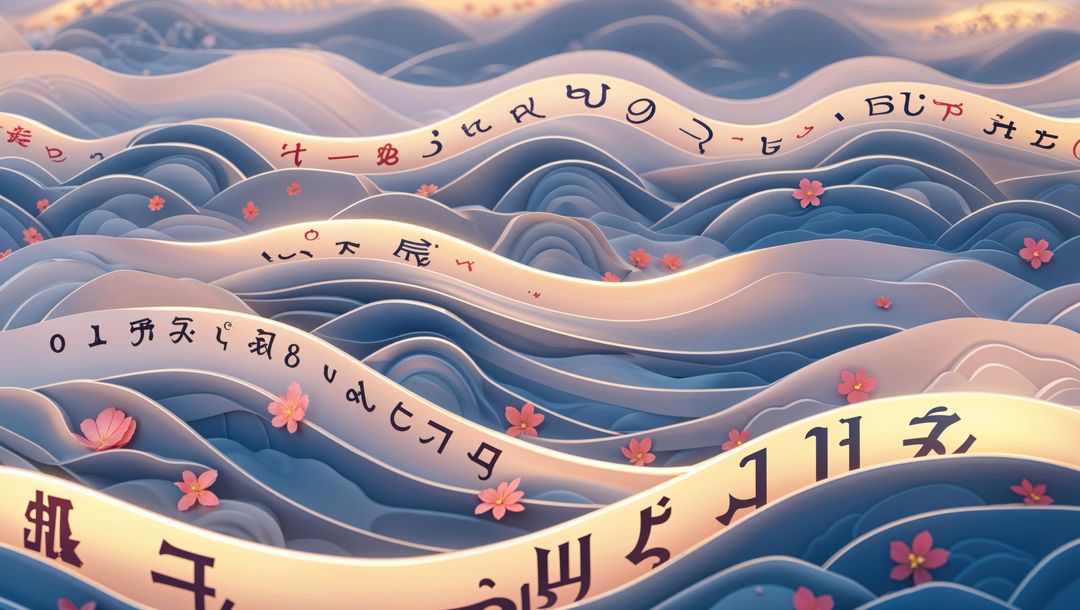 Surreal Digital Waves with Glowing Script and Cherry Blossoms