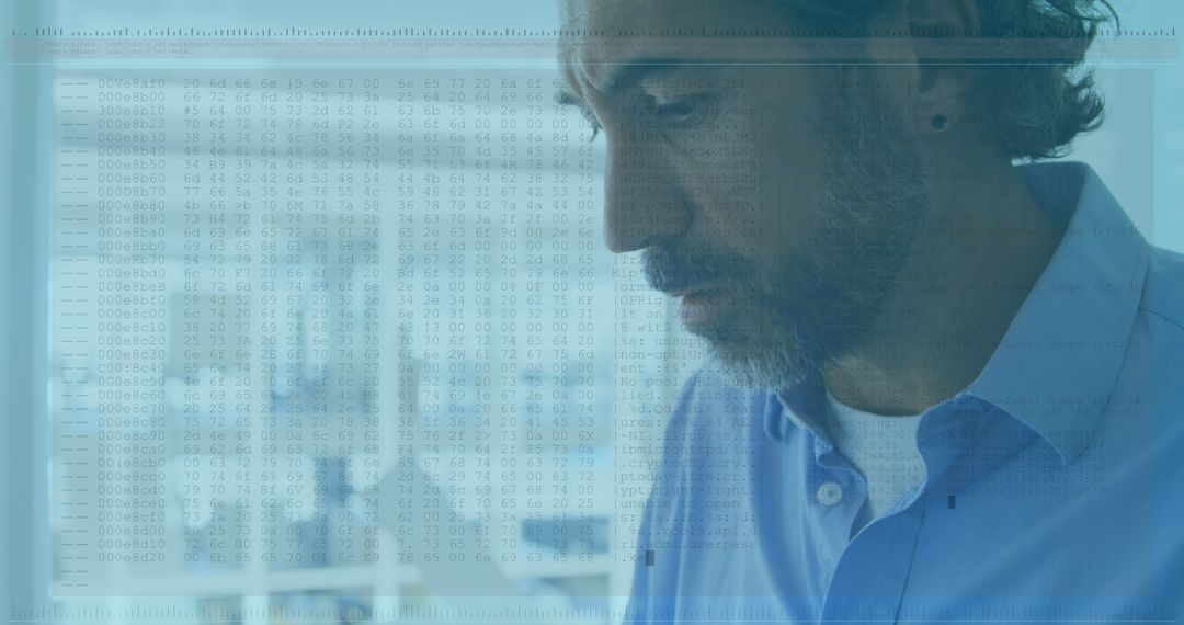 Elderly Man Examining Digital Data Overlay in Office Setting