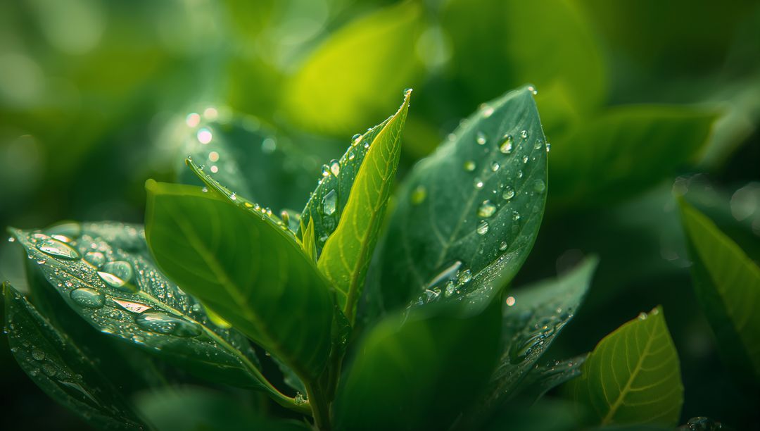 Glistening Dew Coating Green Leaves Macro Closeup Revealing Veins and Bokeh
