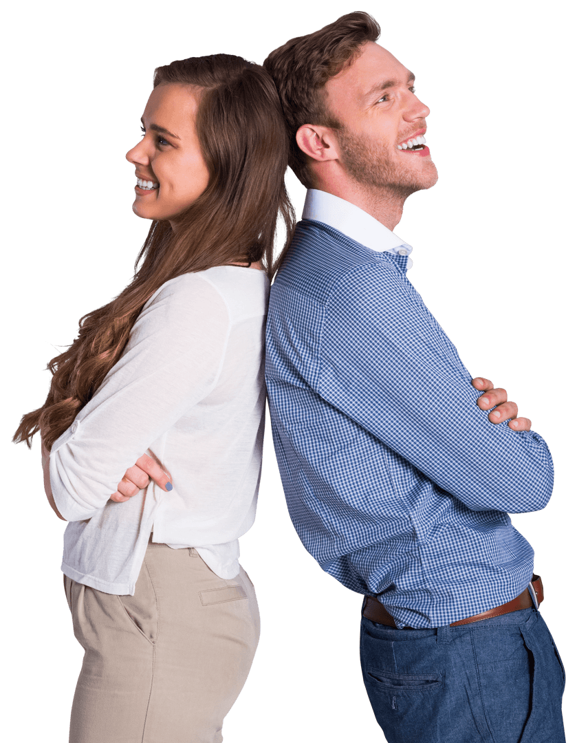 Happy Young Couple Standing Back to Back, Positive Transparent Portrait