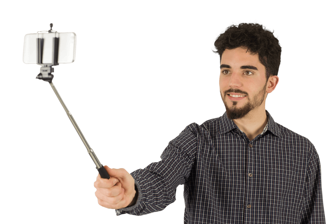 Smiling Man Taking Selfie with Selfie Stick in Transparent Background
