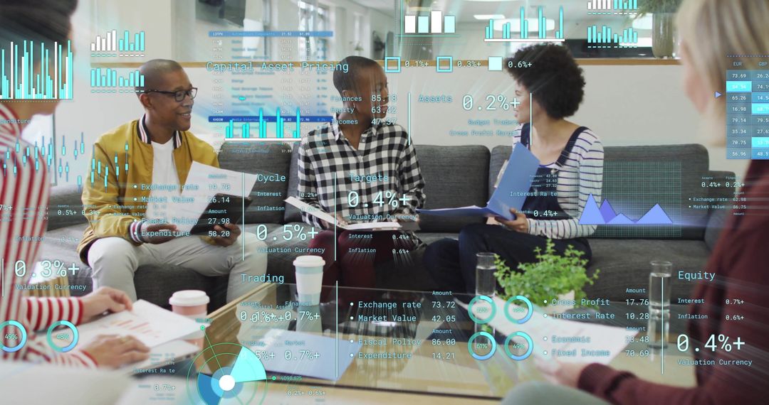 Diverse Team Meeting with Digital Financial Analytics Overlay