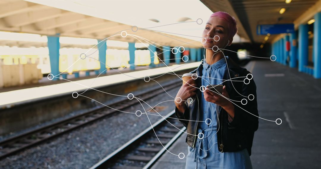 Woman Exploring Digital Network at Train Station
