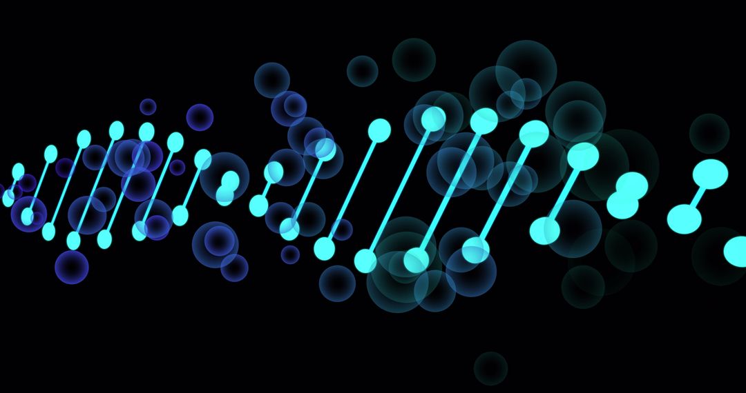 Glowing DNA Strand on Black Background with Digital Bubbles