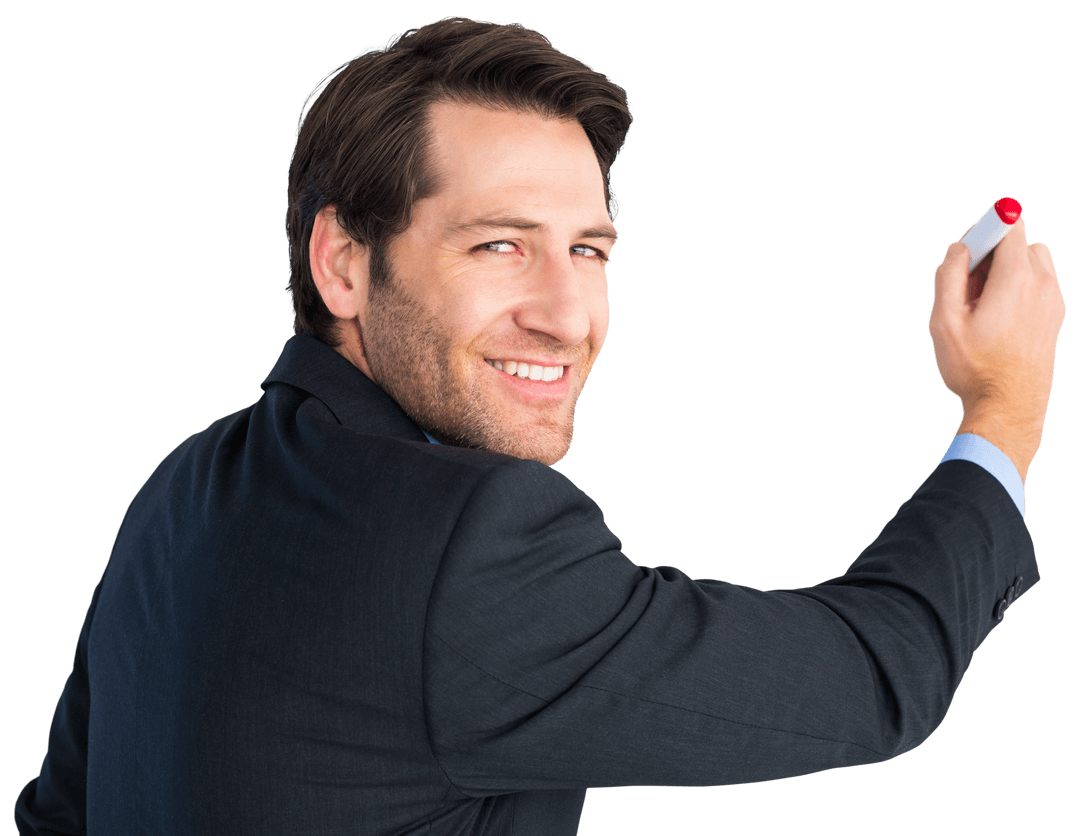 Confident Businessman Writing with Marker Transparent Background