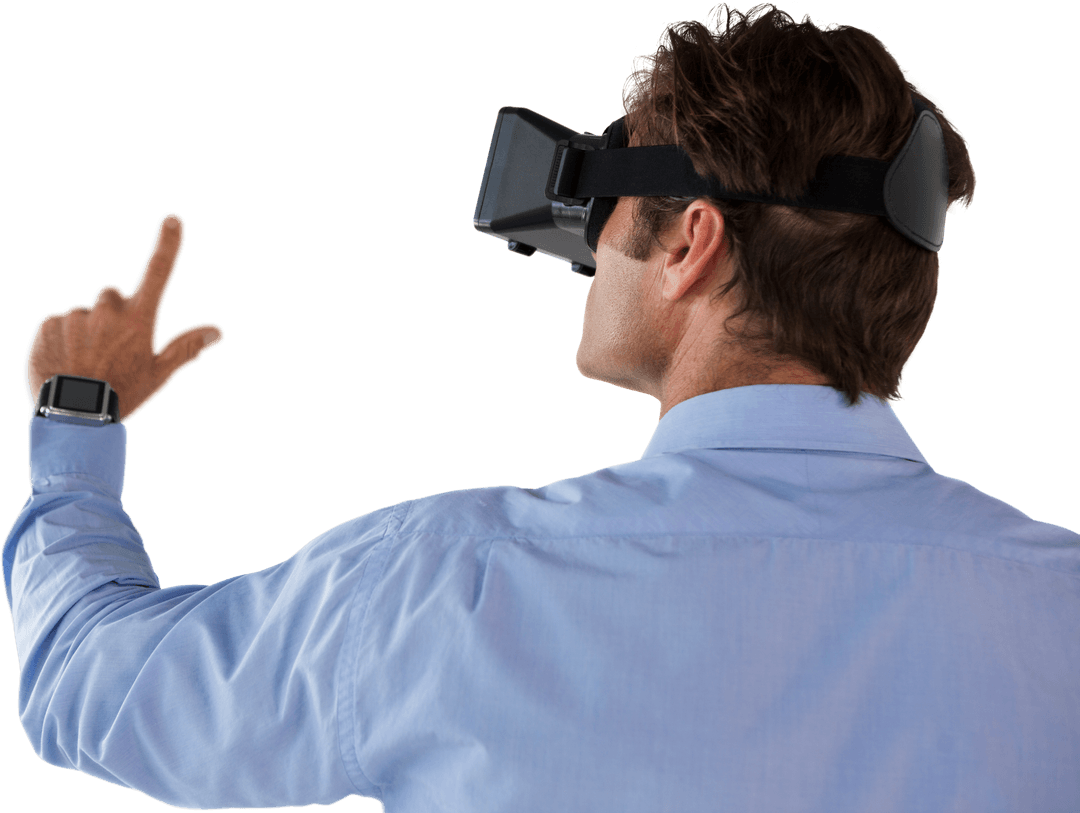 Businessman in VR Glasses Interacting with Transparent Virtual UI