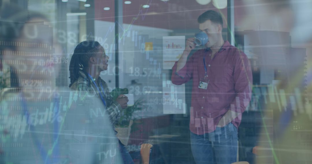 Business Team Engaging in Office Discussion with Financial Overlays