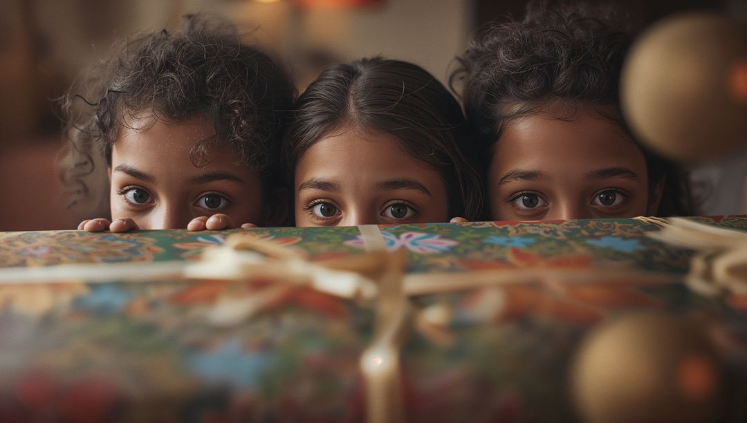 Three Curious Sisters Peeking Above Colorful Gift Box During Festive Occasion