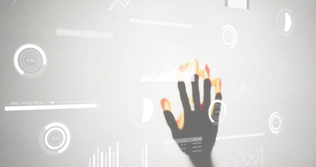 Reaching hand silhouette touching futuristic digital dashboard with data visualizations