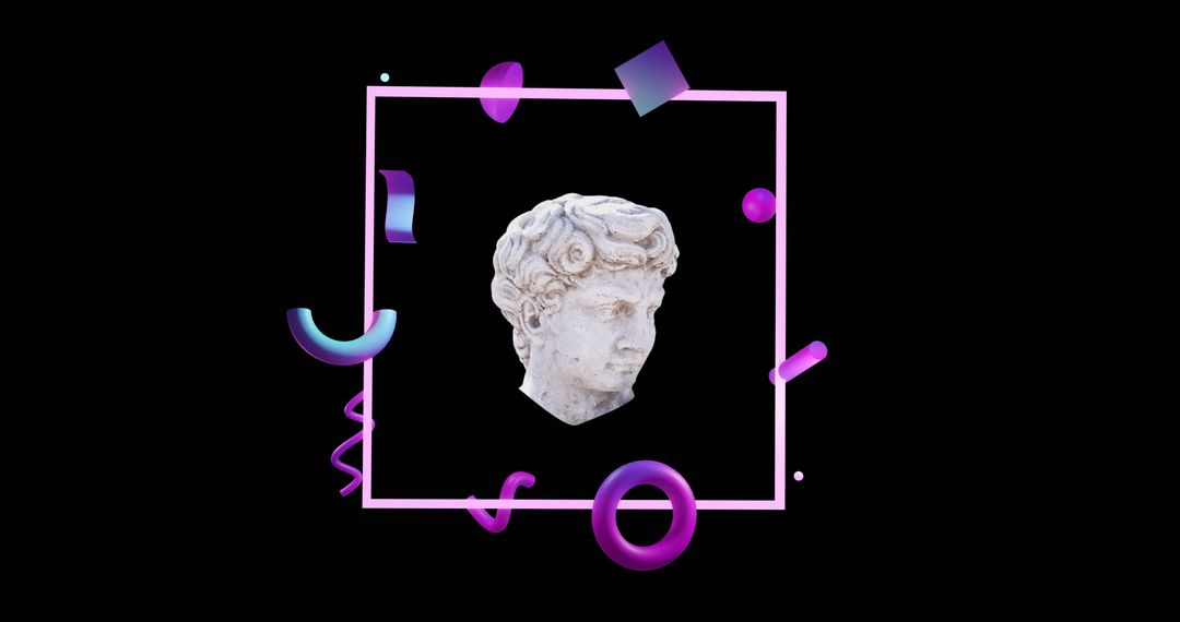 Neon Geometric Flow Around Marble Head