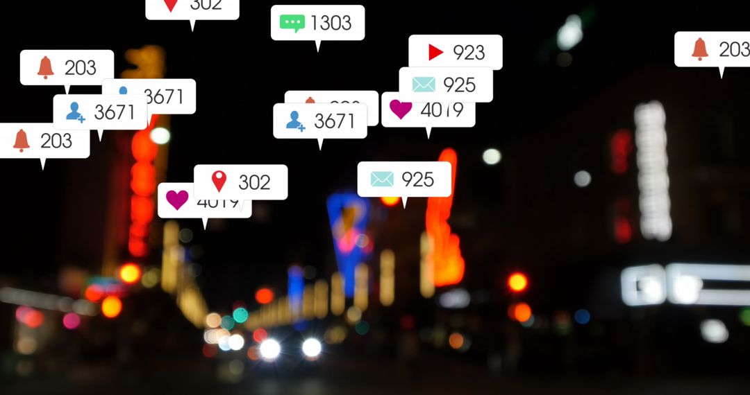 Social Media Notifications Overlaying Blurred Cityscape