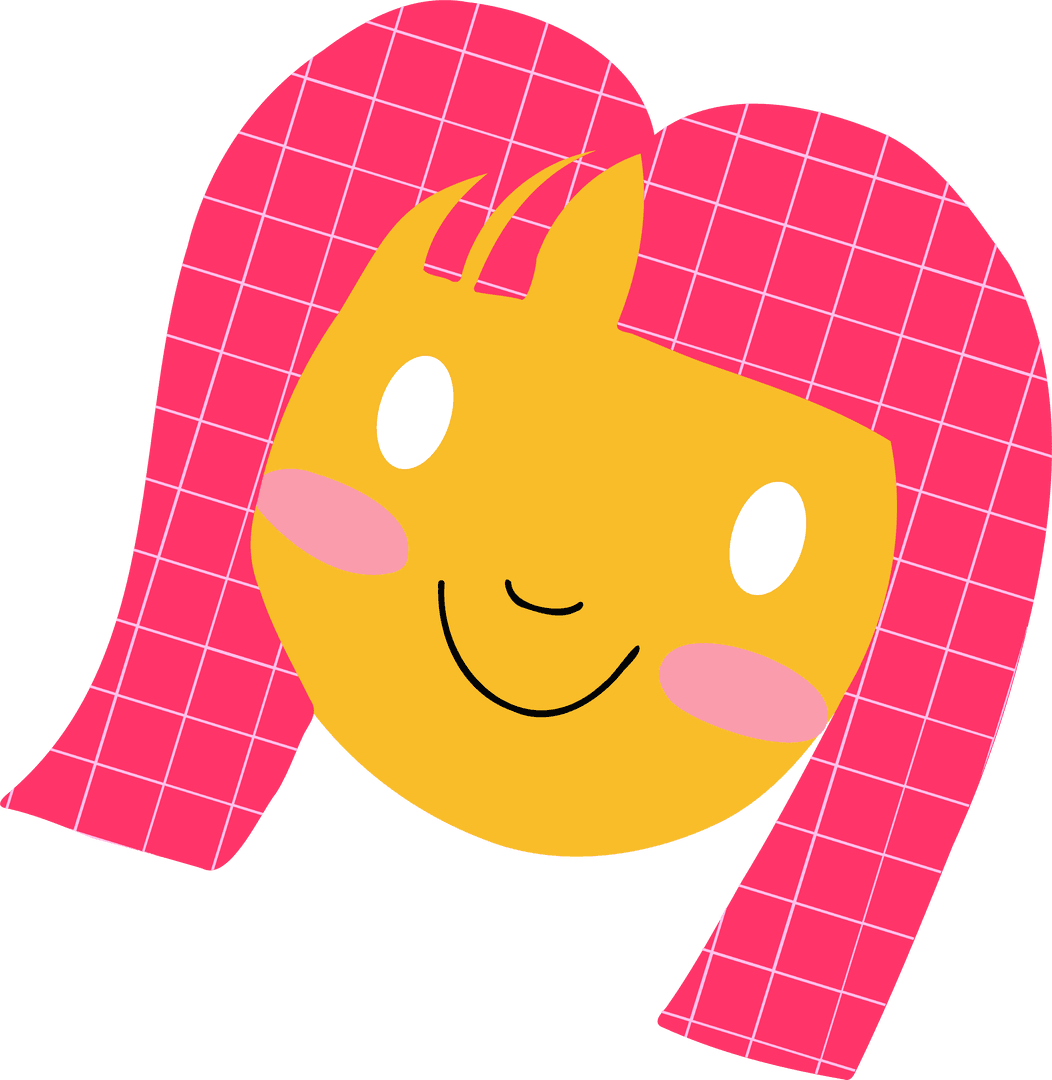 Smiling Cartoon Face with Grid Pink Hair on Transparent Background