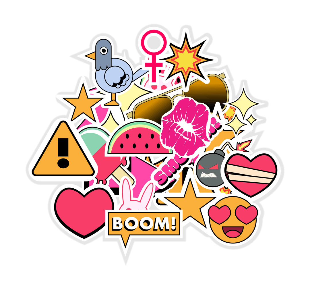 Pop Art Sticker Collage with Playful Elements on Transparent Background