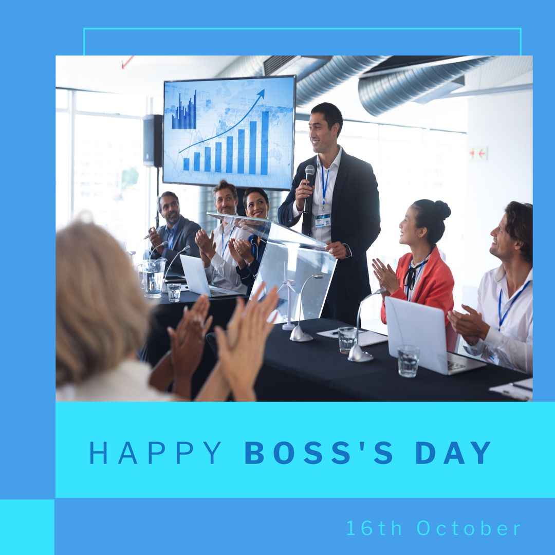 Boss's Day Celebration with Smiling Colleagues and Presentations