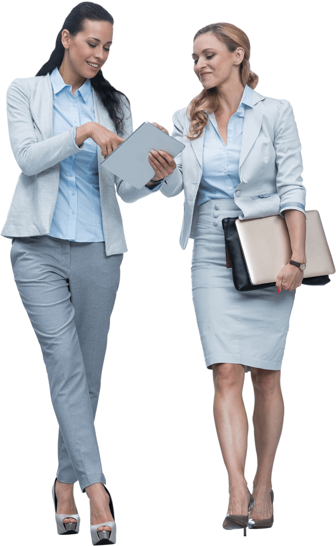 Professional Businesswomen Discussing Digital Content on Transparent Background