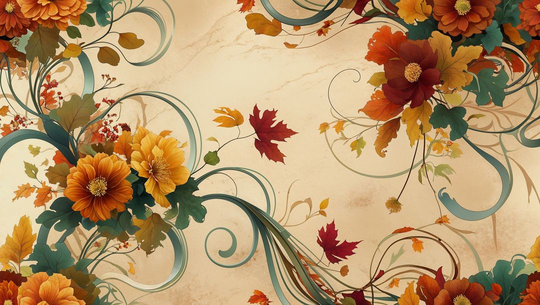 Vintage Floral Pattern with Maple Leaves and Swirling Vines