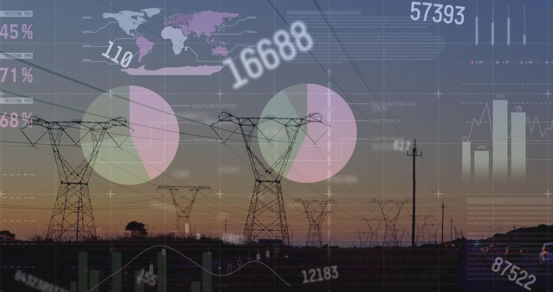 Financial Data Visualization over Electricity Pylons at Sunset