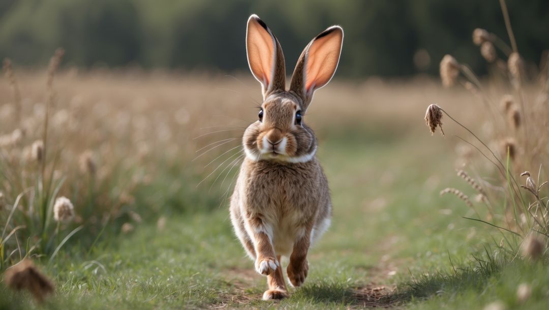 Energetic brown cottontail rabbit hopping on meadow path