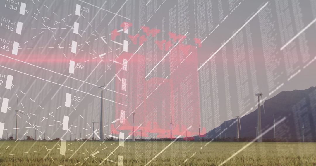 Wind Turbines with Digital Data Overlay Depicting Sustainable Energy
