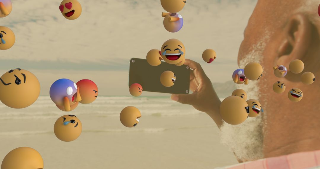 Senior Man Enjoying Beach with Floating Emoji Icons