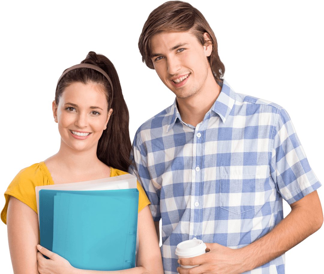 Smiling Young Couple with Folders on Transparent Background