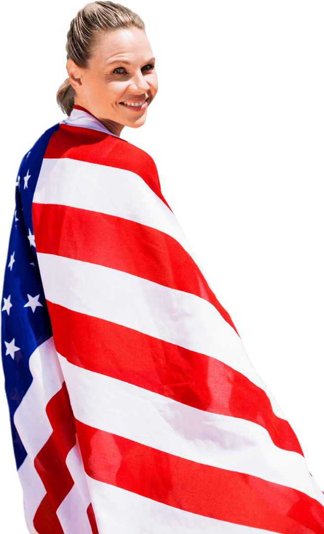 Athlete Smiling Wrapped in USA Flag on Transparent Background