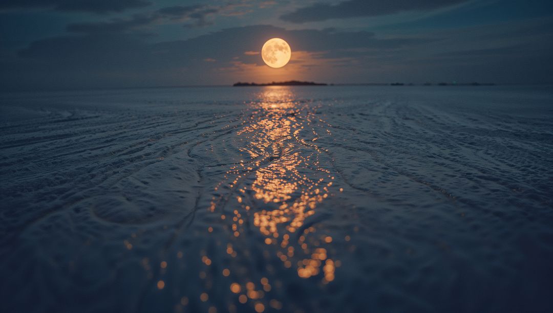 Full Moon Casting Golden Glow on Tranquil Night Beach