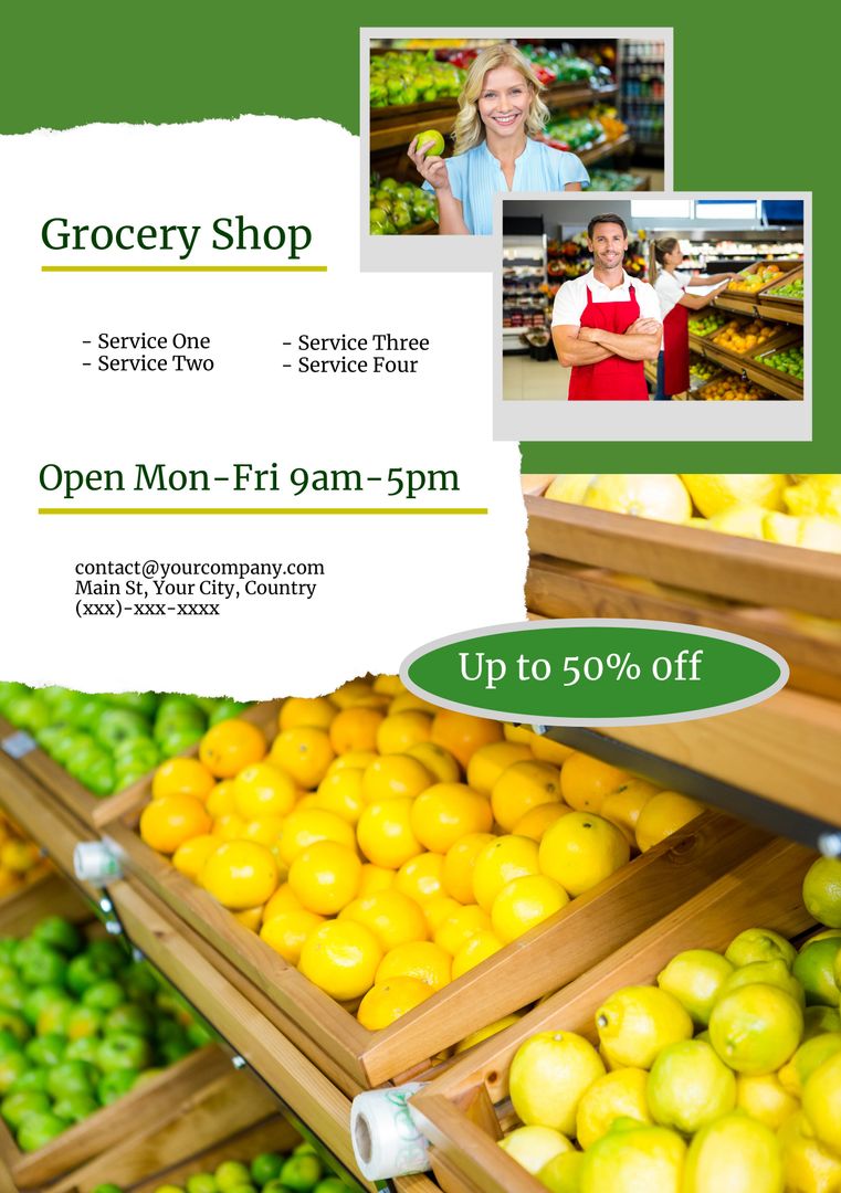 Grocery Shop Advertisement with Fresh Produce and Smiling Staff - Download Free Stock Templates Pikwizard.com