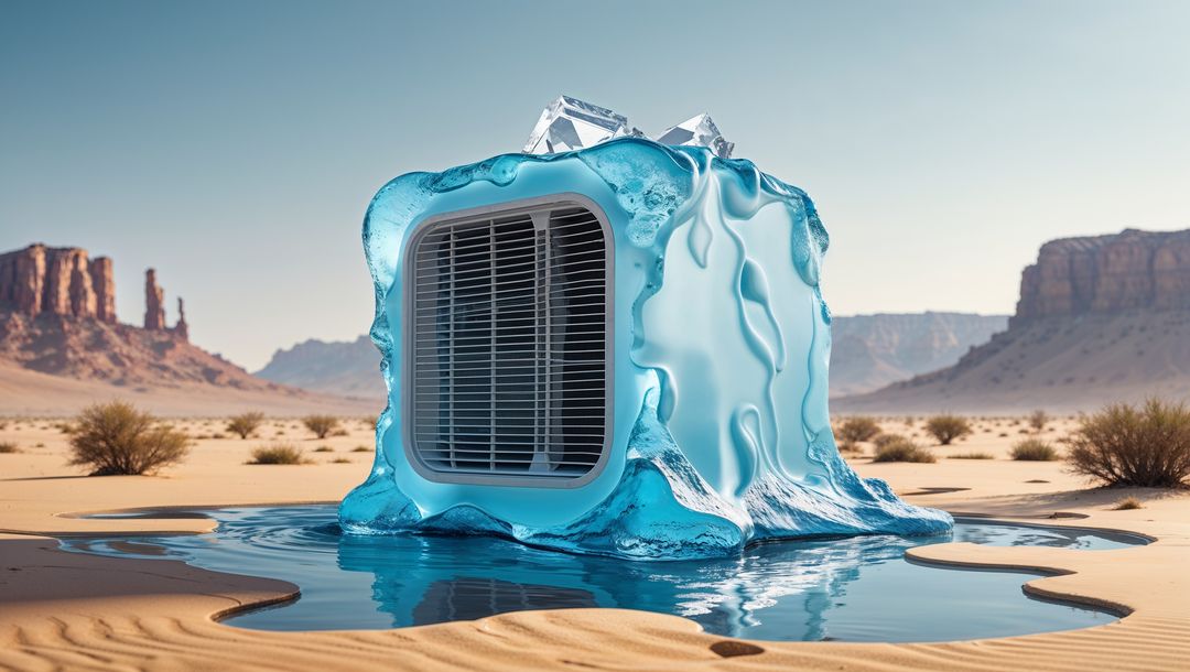 Melting Ice-Enclosed Portable Air Cooler in Arid Desert Plain Setting