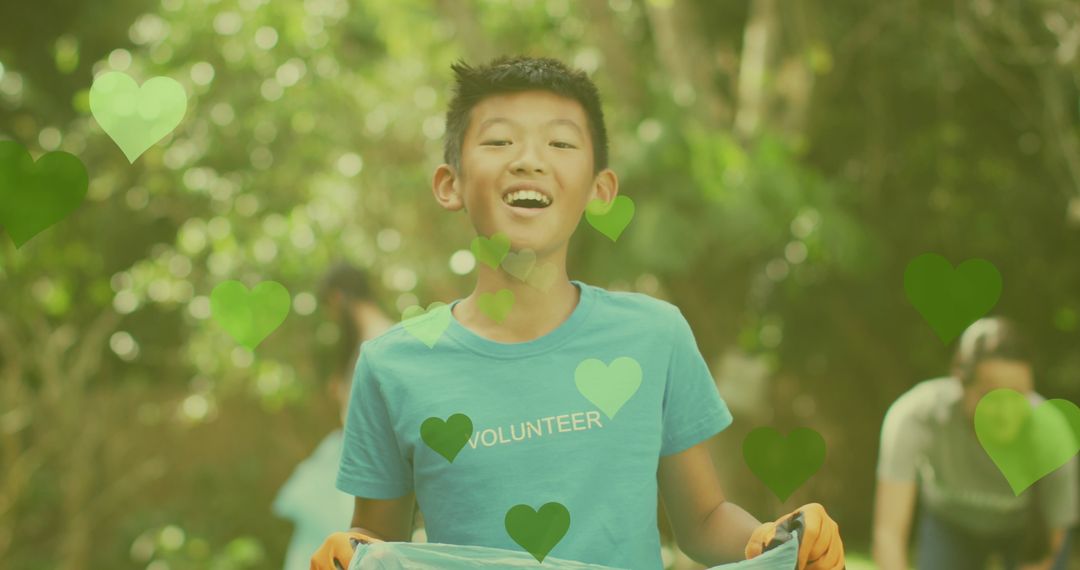 Smiling Volunteer Collecting Trash with Heart Icons Overlay