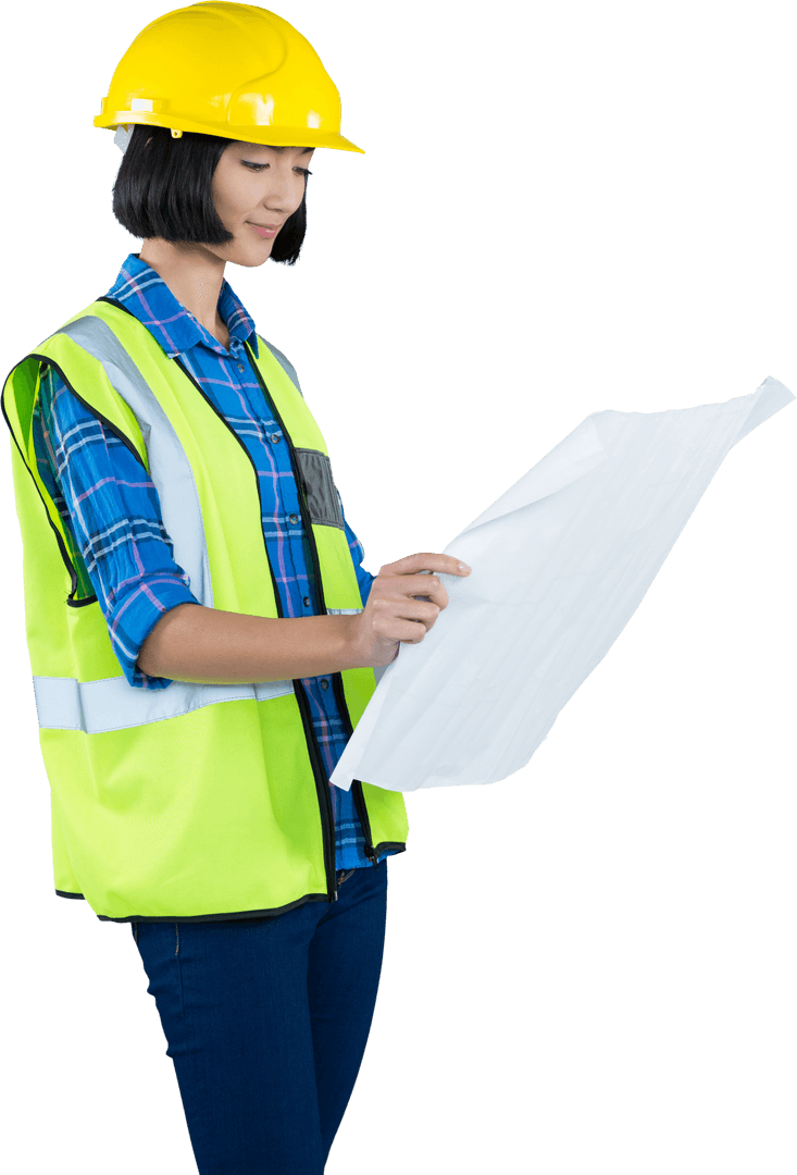 Transparent Young Female Architect Reviewing Blueprint Design