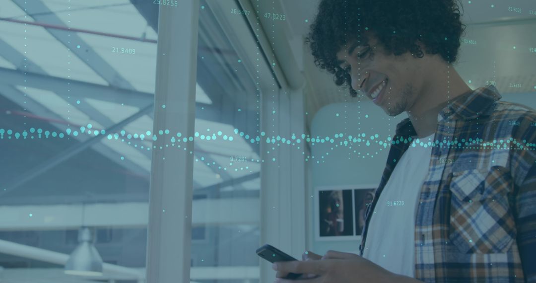 Smiling Man Analyzing Data on Smartphone with Dynamic Digital Overlay