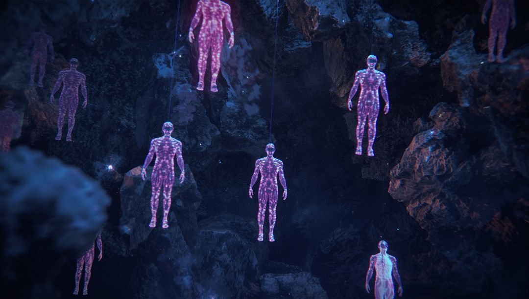 Glowing Holographic Figures in Mysterious Cavern