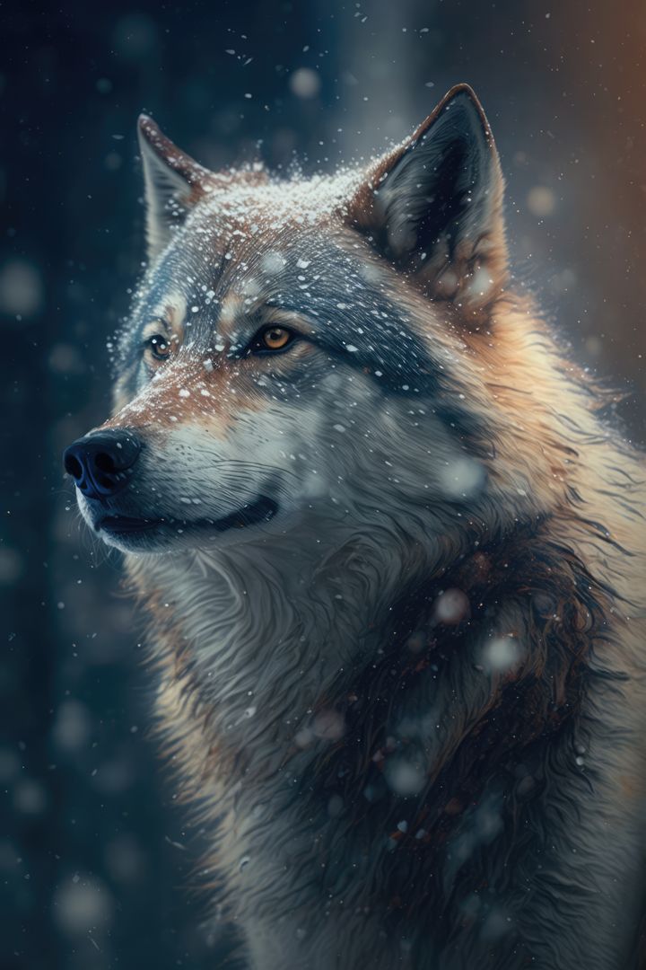 Portrait of wolf with snow falling, created using generative ai technology - Free Images, Stock Photos and Pictures on Pikwizard.com