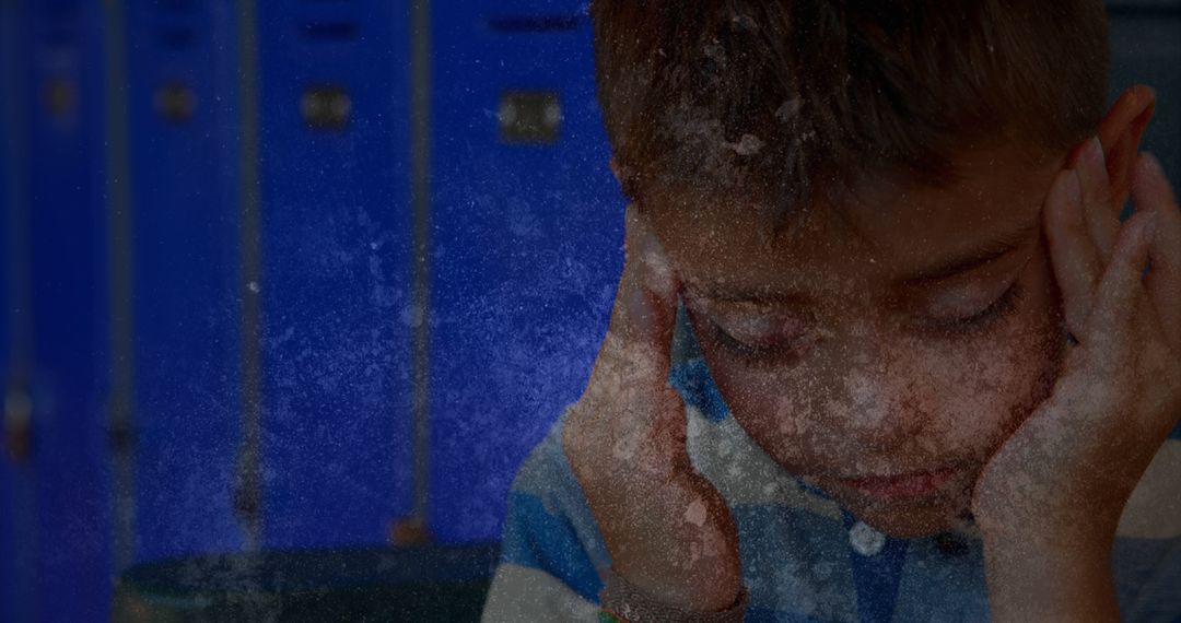 Depressed Boy Sitting with Hands on Forehead in School Hallway - Free Images, Stock Photos and Pictures on Pikwizard.com