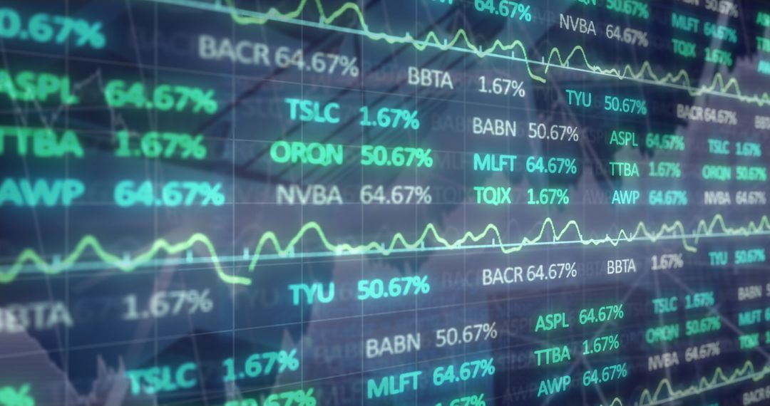 Digital Display of Stock Market Data and Graphs Illustrating Global Economy