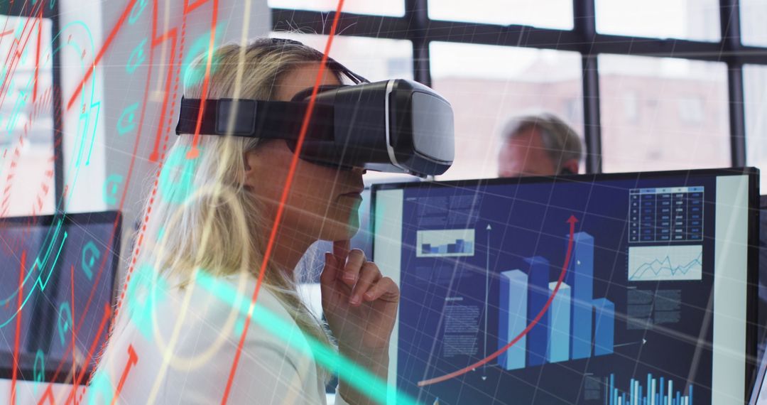 Businesswoman Using VR Headset in Modern Office Environment
