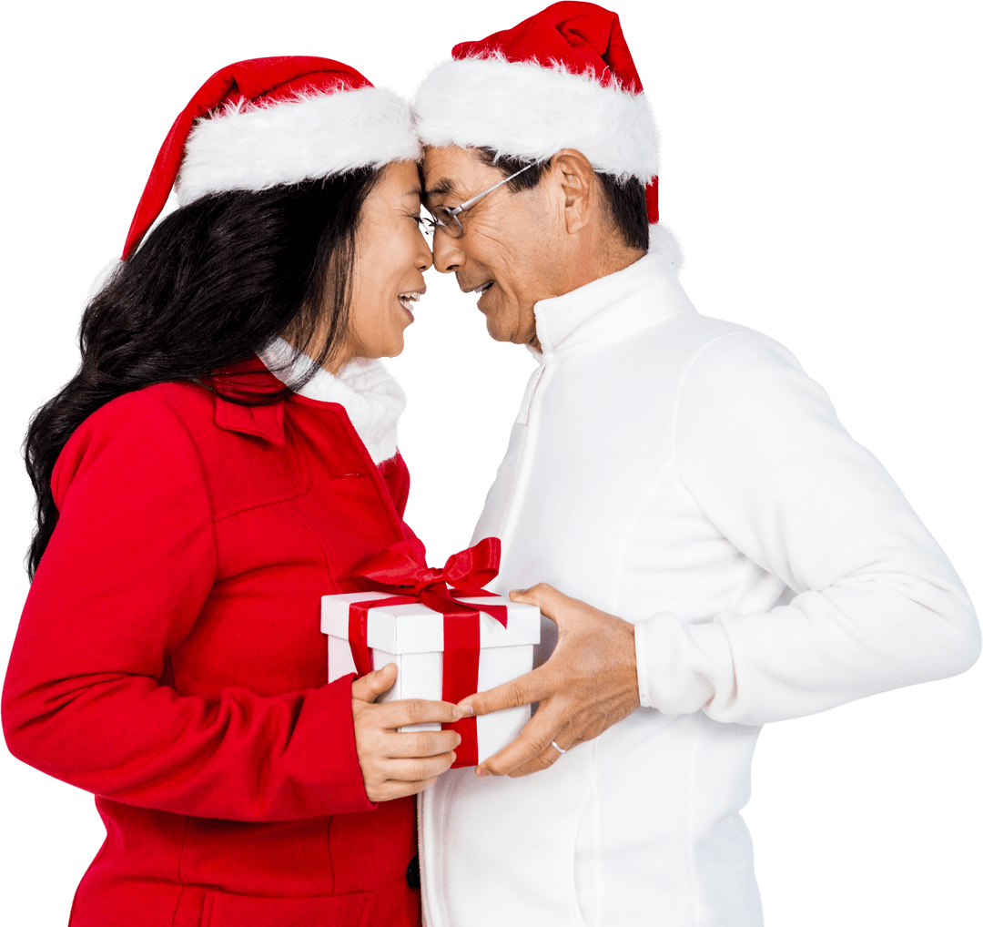 Transparent Joyful Senior Couple Exchanging Christmas Gift in Santa Hats