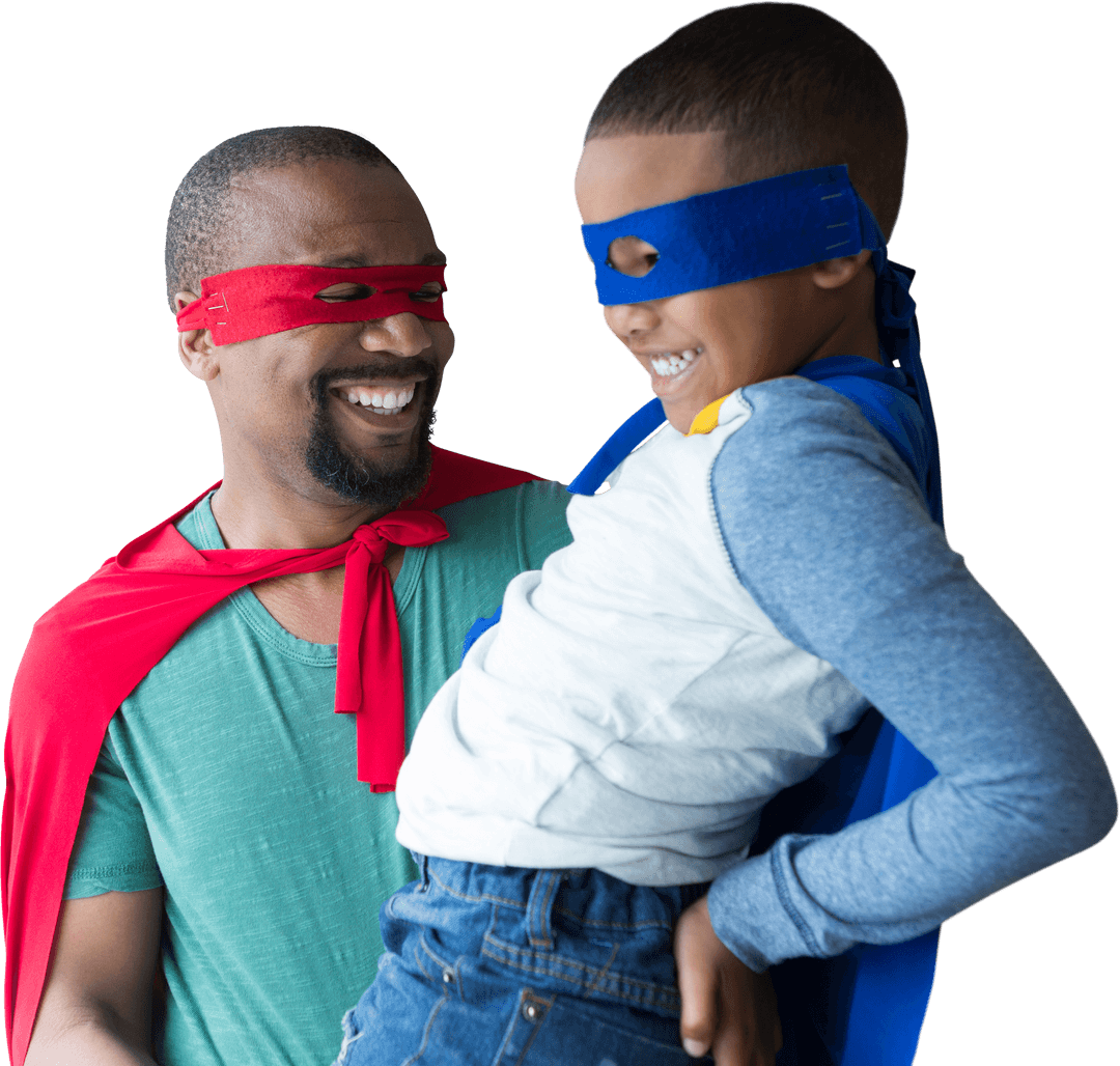Father and Son Pretending as Superheroes with Capes in Transparent Background
