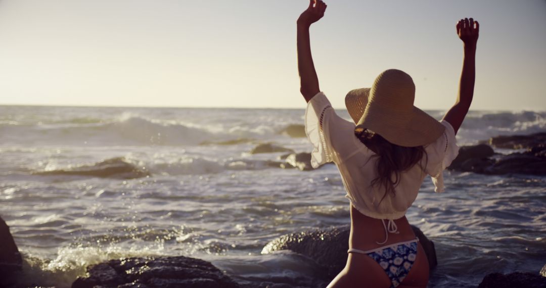 Woman Enjoying Beach in Swimsuit at Sunset - Free Images, Stock Photos and Pictures on Pikwizard.com