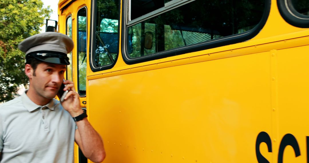 School Bus Driver Talking on Mobile Phone Near Yellow Bus
