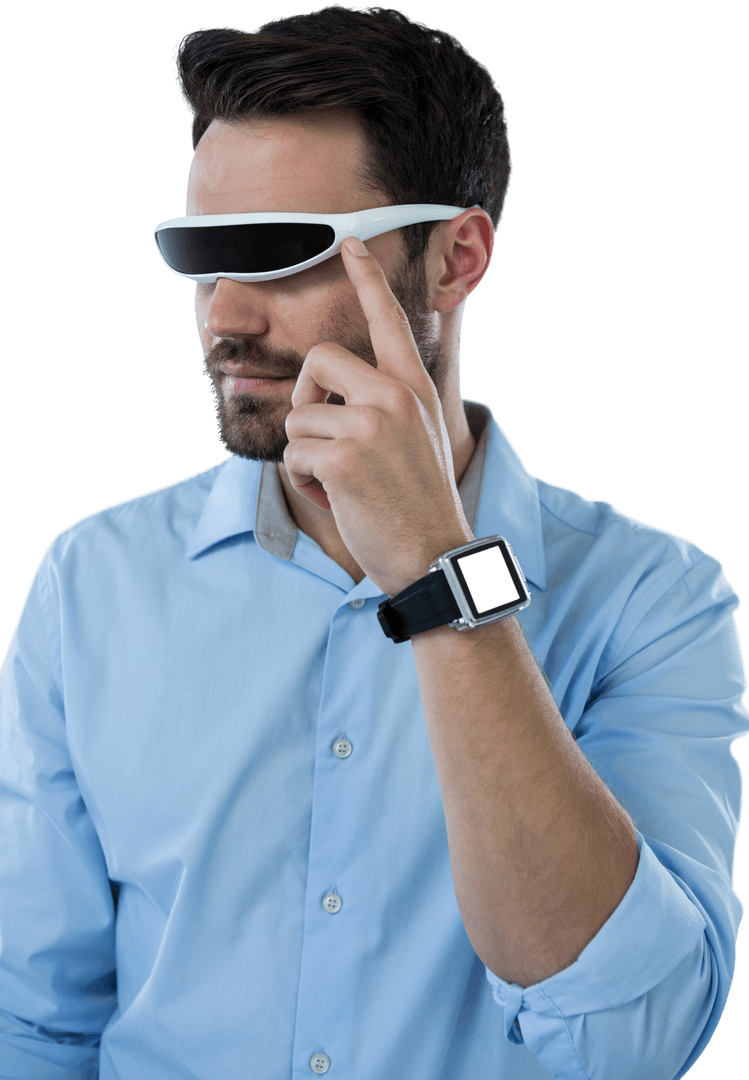 Man Engaging with VR Glasses Wearing Smartwatch Fashionable Tech Enthusiast